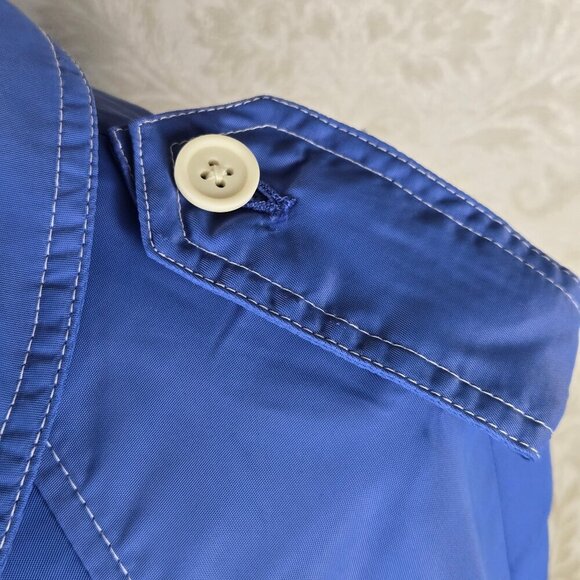 J Crew Size 4 Light Blue Trench Coat White Stitching Double Breasted Nylon Shell - Picture 6 of 16